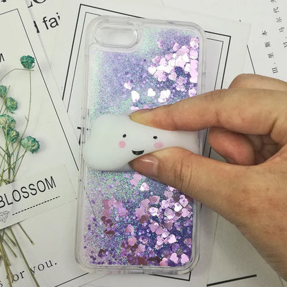Quicksand squeezing toy iPhone case in TPU with cartoon animal design, shown in pink, cyan and purple shells