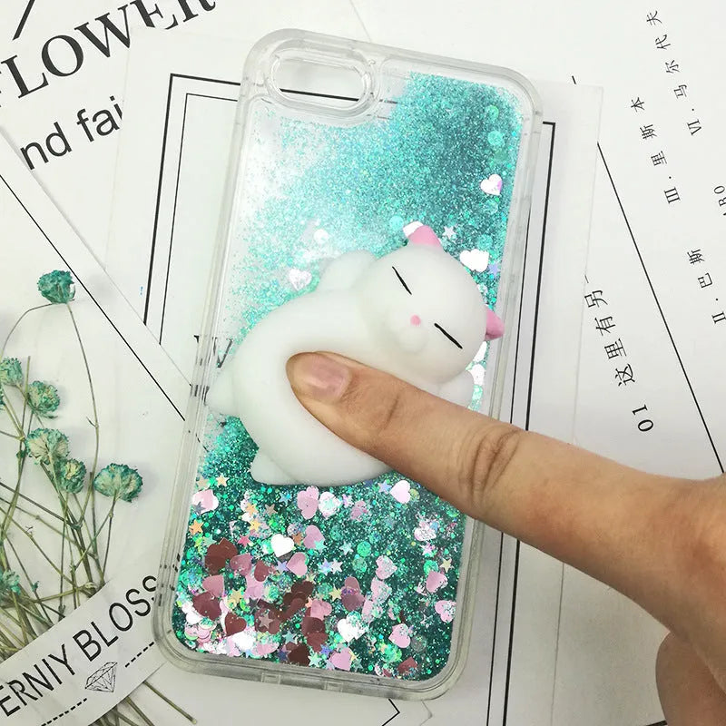 Quicksand squeezing toy iPhone case in TPU with cartoon animal design, shown in pink, cyan and purple shells