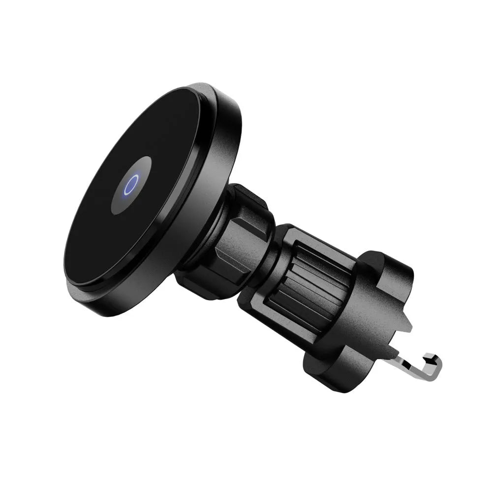 Black 15W magnetic car wireless charger mounted on a car air vent, showing aluminium alloy and ABS construction.