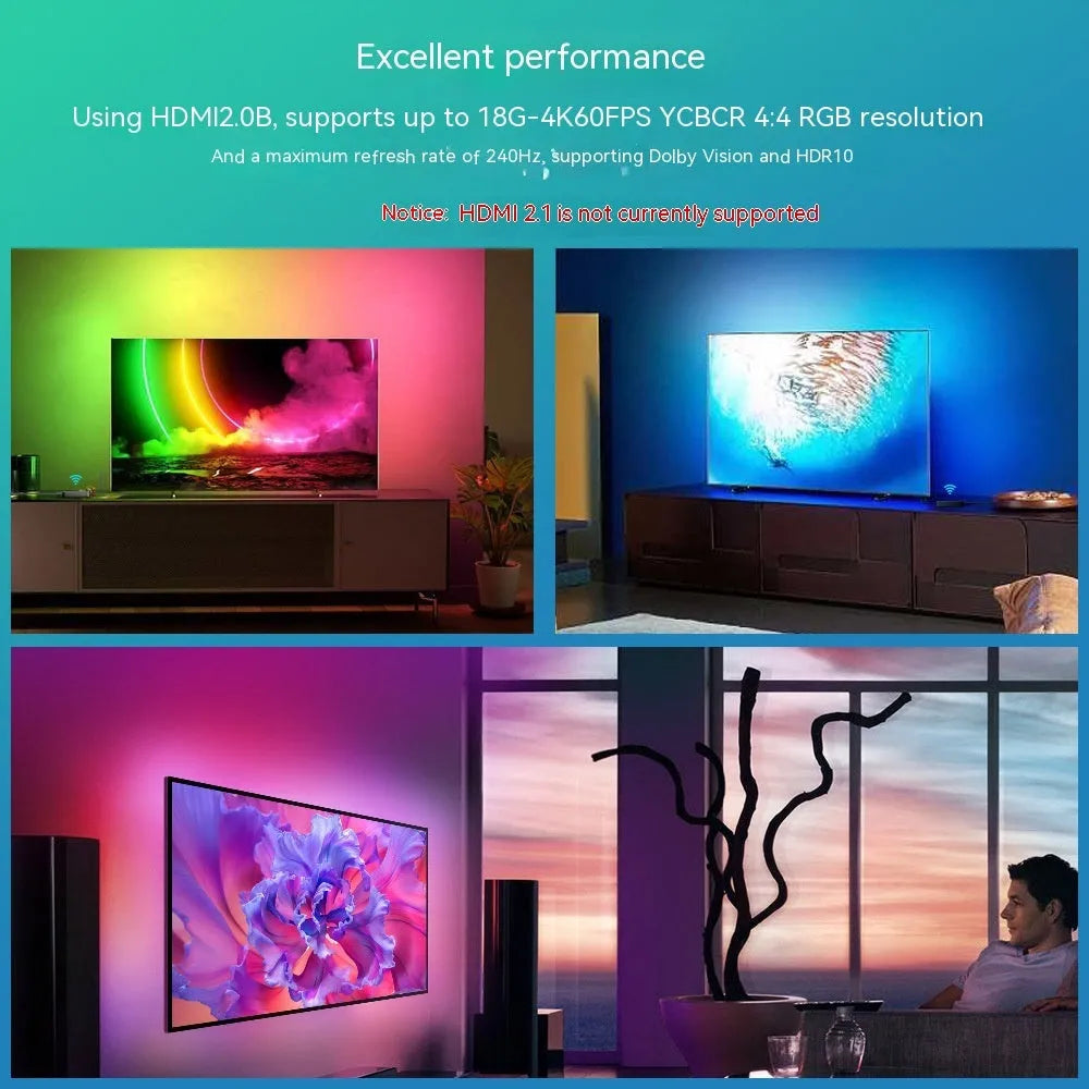 Smart app-controlled LED light strip mounted behind a television for backlighting.