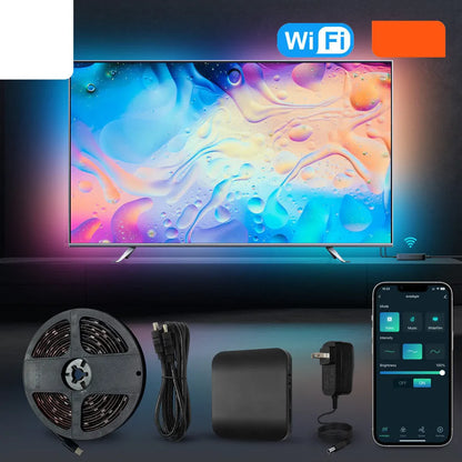 Smart app-controlled LED light strip mounted behind a television for backlighting.