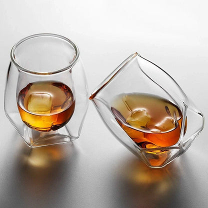 Handmade borosilicate whiskey glass with unique design and double glazing for thermal insulation