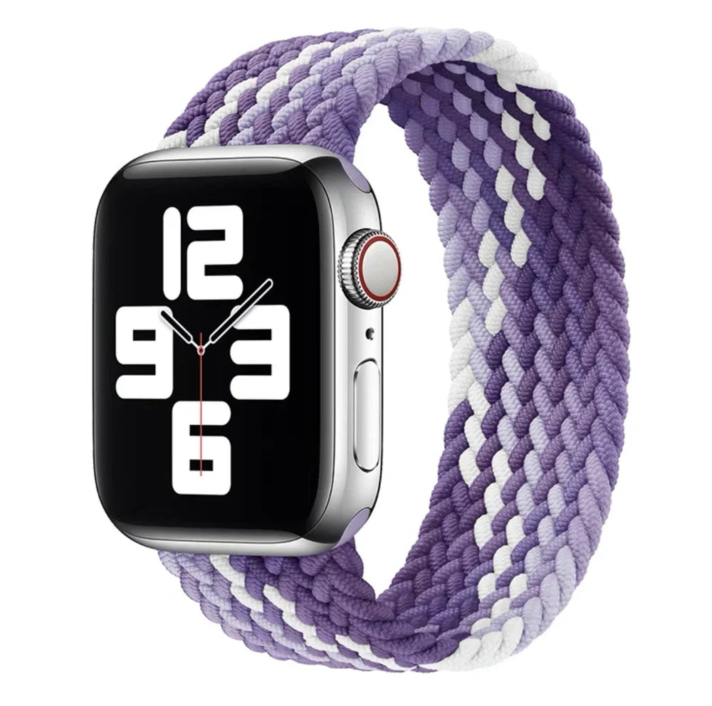 Apple Watch with elastic braided nylon strap in single-loop design showing stretch capability