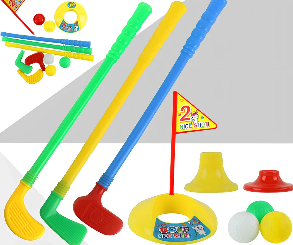 Children's golf set with three clubs, three balls, putting hole with flag, and adjustable tees on green surface