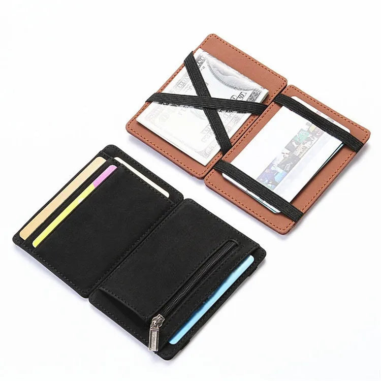 PU leather magic wallet flip card holder with zipper coin purse in solid colour