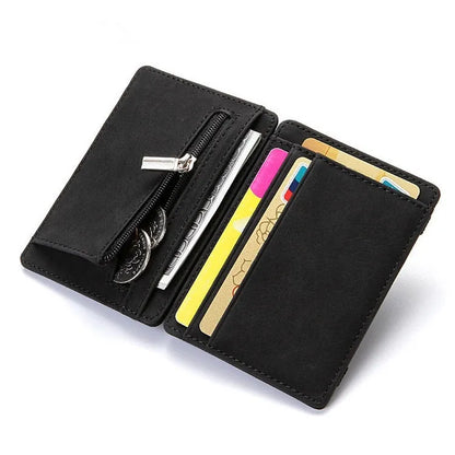 PU leather magic wallet flip card holder with zipper coin purse in solid colour