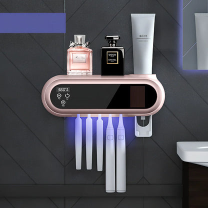 Smart UV toothbrush steriliser showing 233mm chamber and USB charging port with fireproof ABS housing