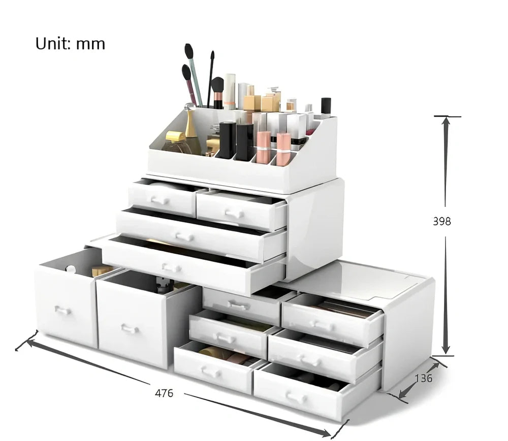 Three-layer transparent acrylic storage box for cosmetics with stackable design measuring 25cm wide