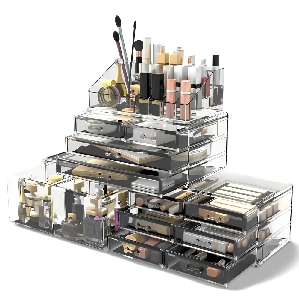 Three-layer transparent acrylic storage box for cosmetics with stackable design measuring 25cm wide