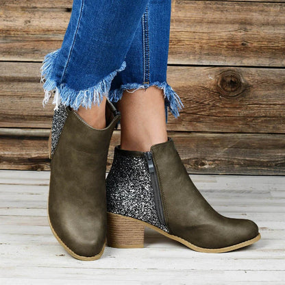 Women's thick heel sequin booties with side zip and square toe in black, khaki, and green