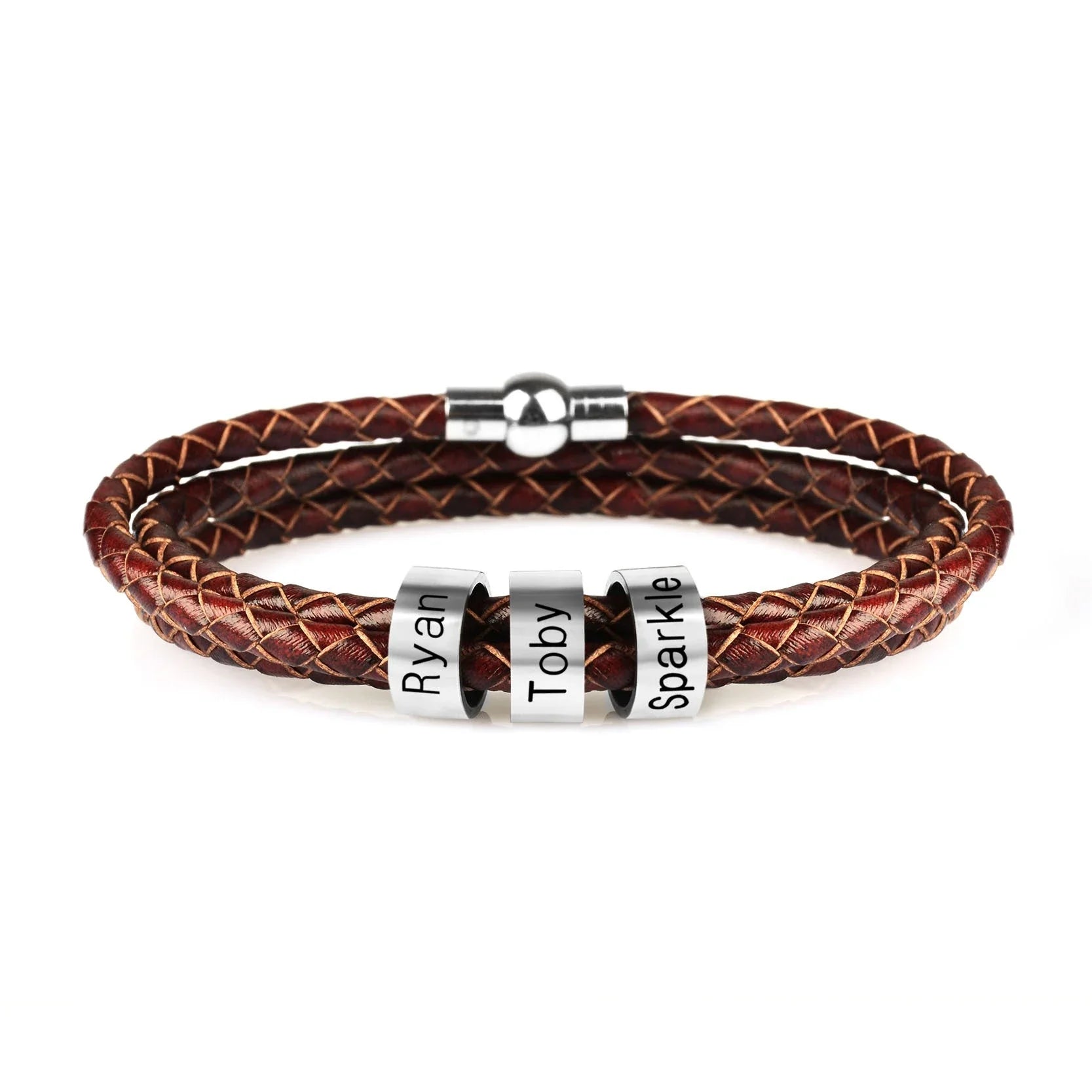 Personalized men's braided leather bracelet with stainless steel beads and custom name charm
