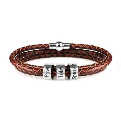 Personalized men's braided leather bracelet with stainless steel beads and custom name charm