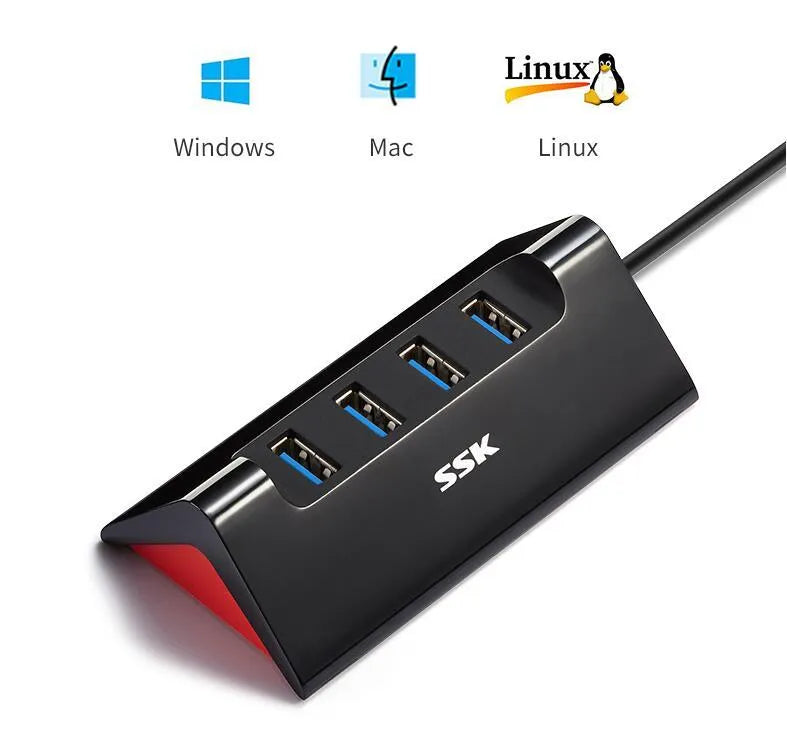 Black ABS plastic USB expansion dock with four USB ports and Micro USB power interface