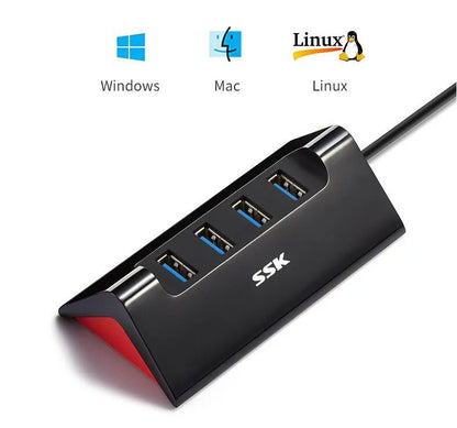Black ABS plastic USB expansion dock with four USB ports and Micro USB power interface