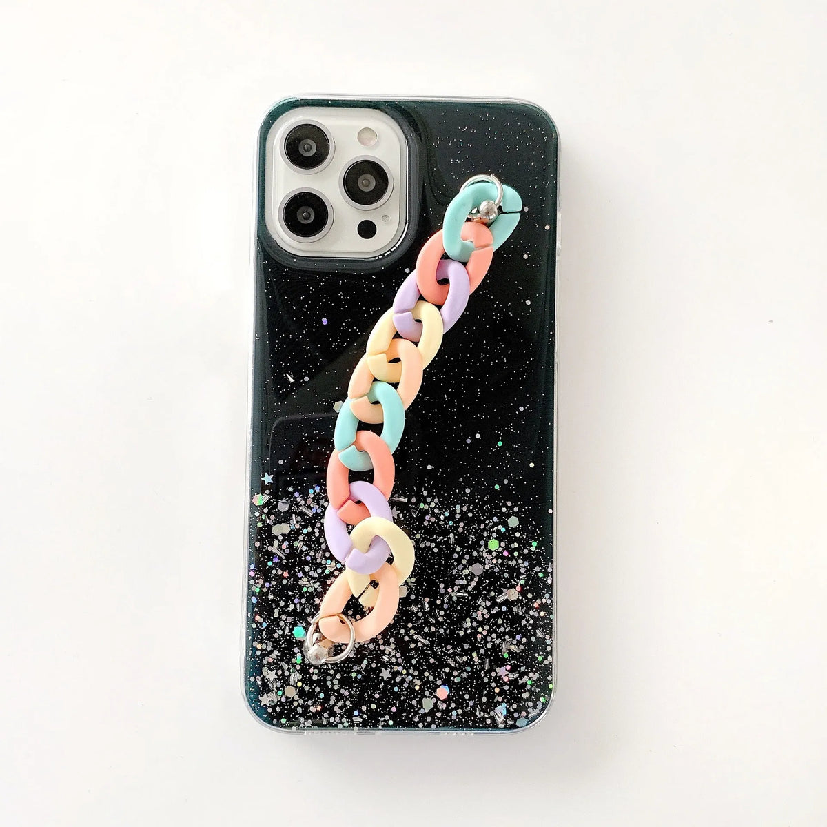 Silicone soft cover phone case with bracelet starry design in transparent, black, pink, or green for iPhone 14 and 15