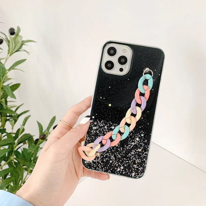 Silicone soft cover phone case with bracelet starry design in transparent, black, pink, or green for iPhone 14 and 15