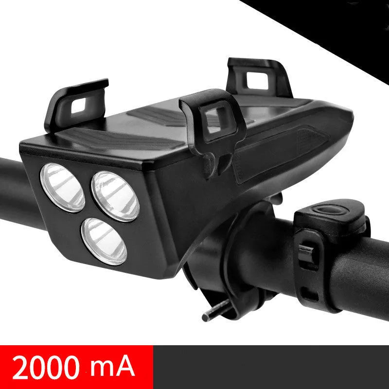 Multifunctional bicycle headlight with mobile phone holder and speaker, compact design