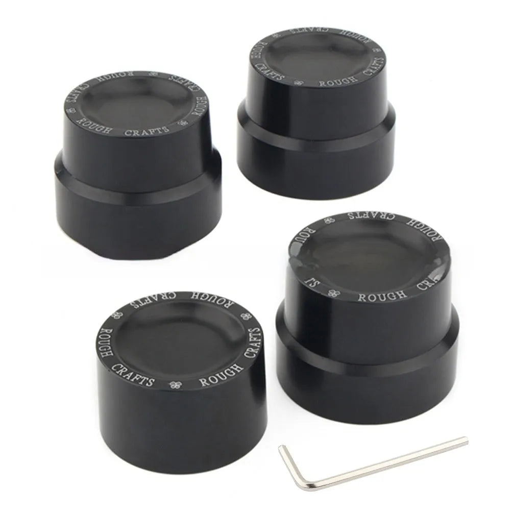 Black CNC aluminium front and rear axle decorative cap covers for Harley Davidson Sportster motorcycles.