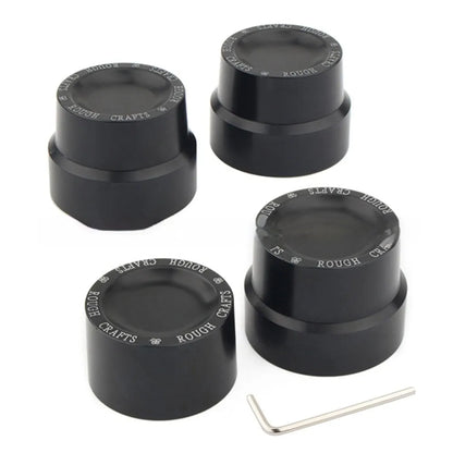 Black CNC aluminium front and rear axle decorative cap covers for Harley Davidson Sportster motorcycles.