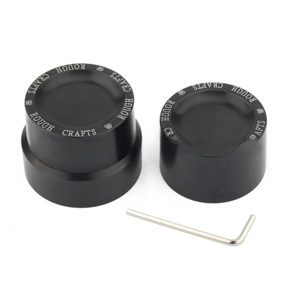 Black CNC aluminium front and rear axle decorative cap covers for Harley Davidson Sportster motorcycles.