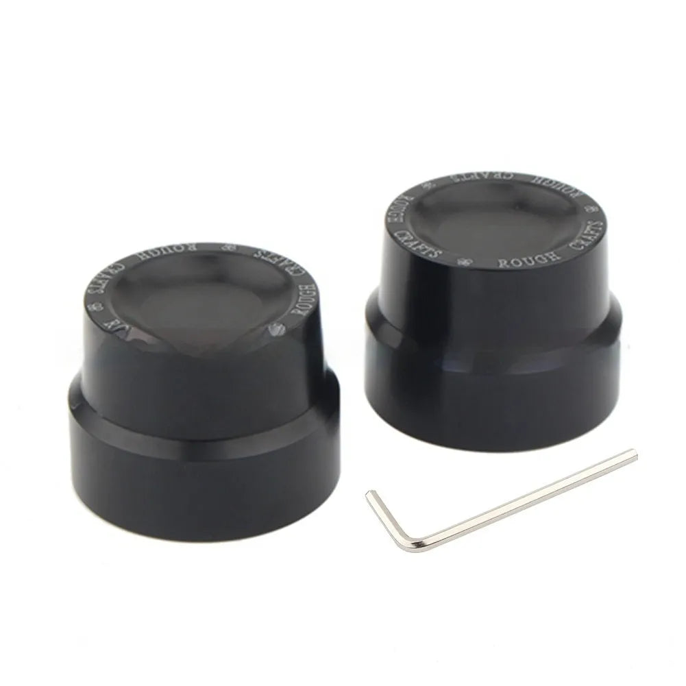 Black CNC aluminium front and rear axle decorative cap covers for Harley Davidson Sportster motorcycles.