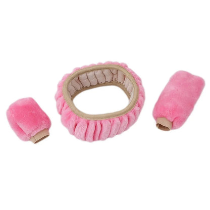 Plush winter car steering wheel cover set in six colours with matching brake and gear lever covers.