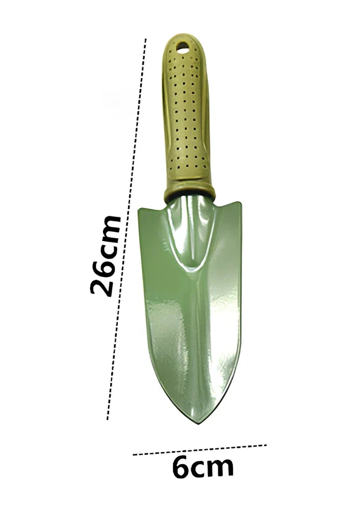 Gardening scarifier kit with green antiskid handle and two planting shovels for outdoor use