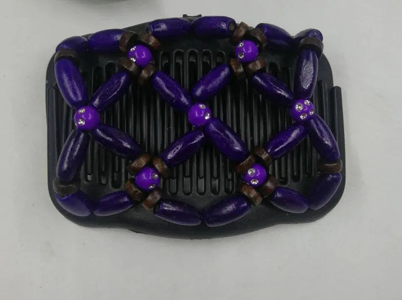 Elastic beaded hair comb with plastic frame and wooden beads, 17.5x10.3cm, vintage hair accessory