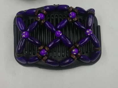 Elastic beaded hair comb with plastic frame and wooden beads, 17.5x10.3cm, vintage hair accessory