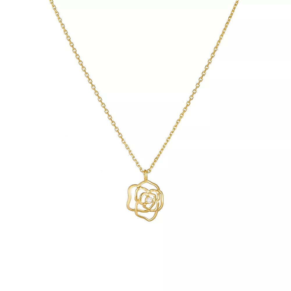 French Retro Hollow Rose Sterling Silver Necklace in gold and white finishes