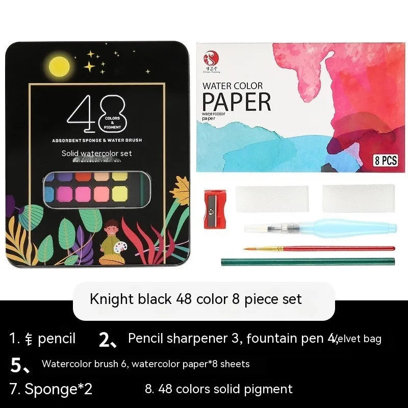 48 colour solid watercolour paint set showing Black Knight, Girl Pink and Sunshine Blue pigment blocks