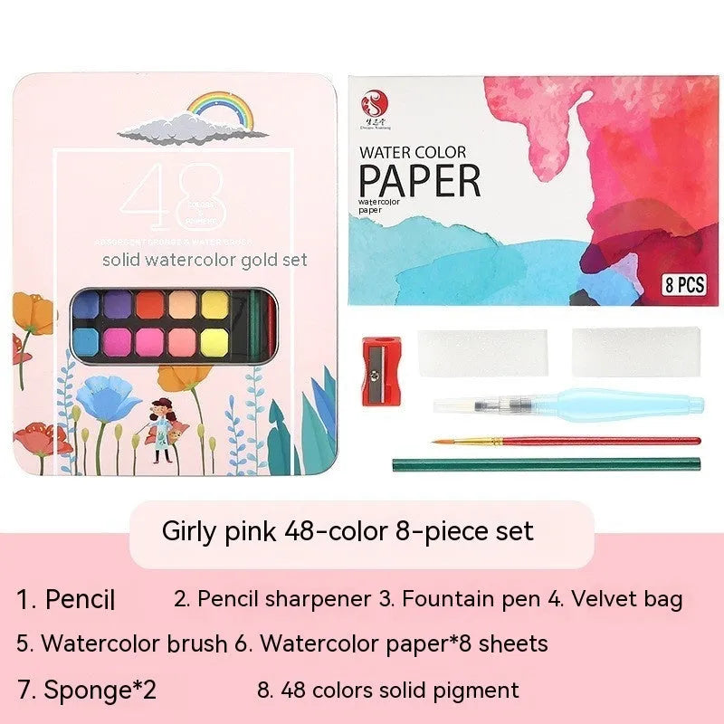 48 colour solid watercolour paint set showing Black Knight, Girl Pink and Sunshine Blue pigment blocks