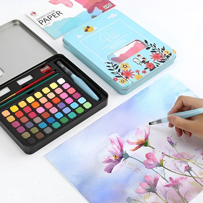 48 colour solid watercolour paint set showing Black Knight, Girl Pink and Sunshine Blue pigment blocks