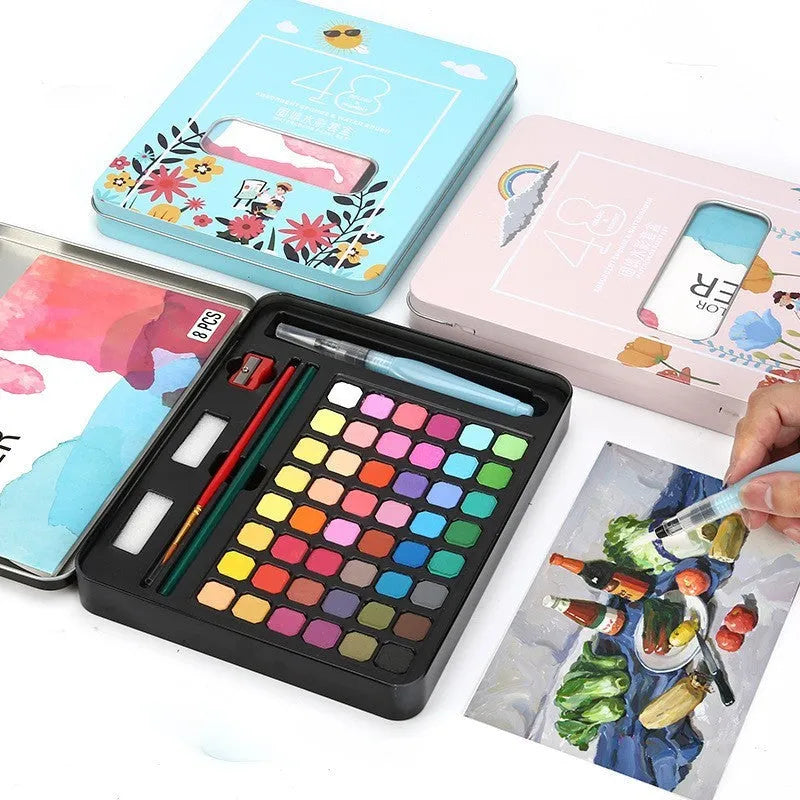 48 colour solid watercolour paint set showing Black Knight, Girl Pink and Sunshine Blue pigment blocks