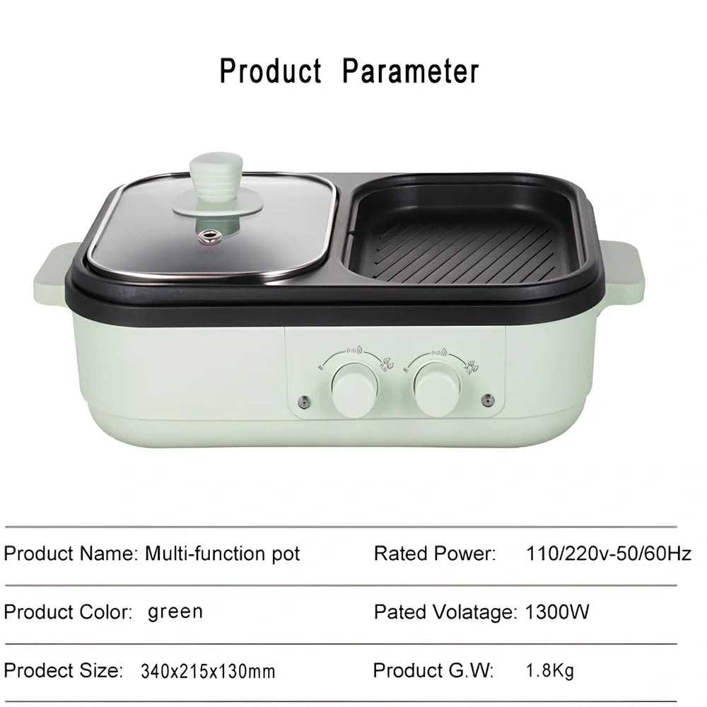 Green electric roasting pot with knob control, 20cm diameter cooking surface