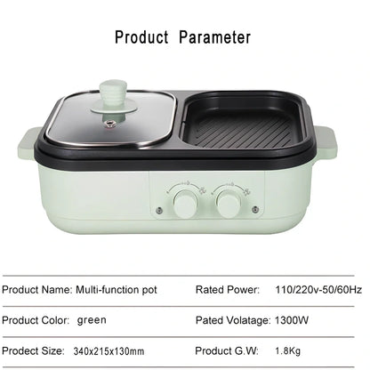 Green electric roasting pot with knob control, 20cm diameter cooking surface