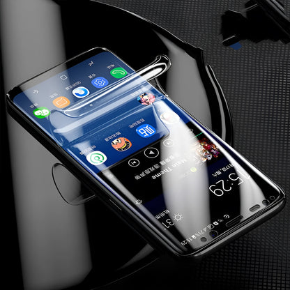 Curved phone protector for Samsung with matte finish and hydraulic film technology on purple packaging
