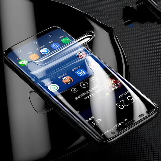 Curved phone protector for Samsung with matte finish and hydraulic film technology on purple packaging