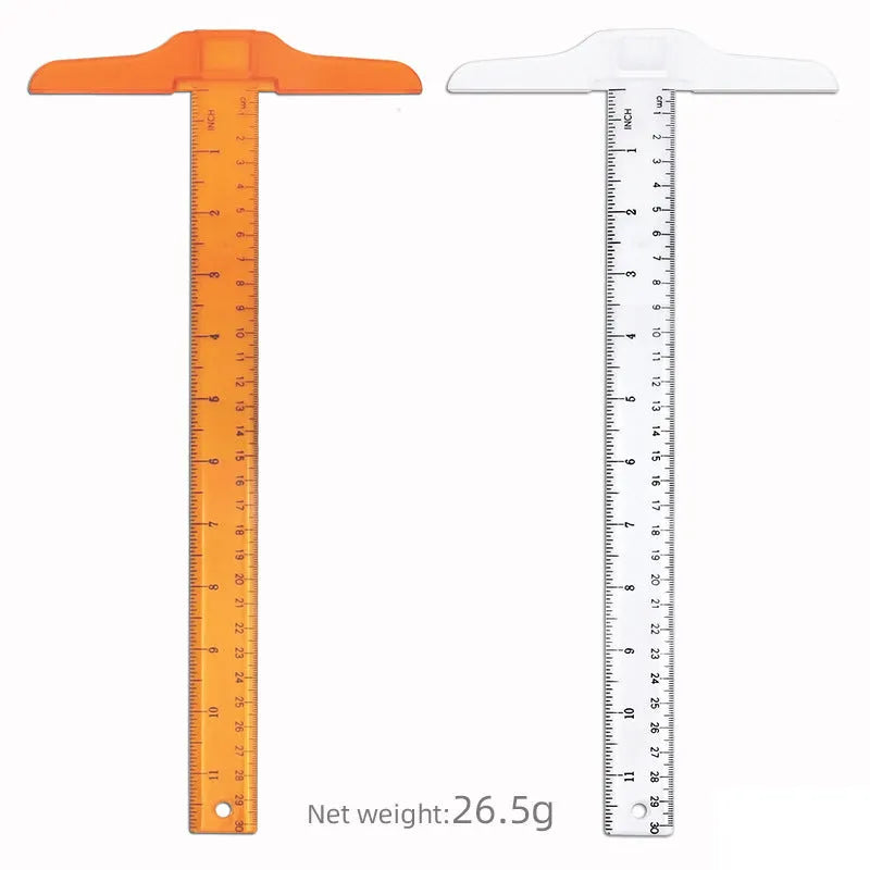 30cm plastic T-square ruler for student design projects in transparent or orange yellow with centimetre markings