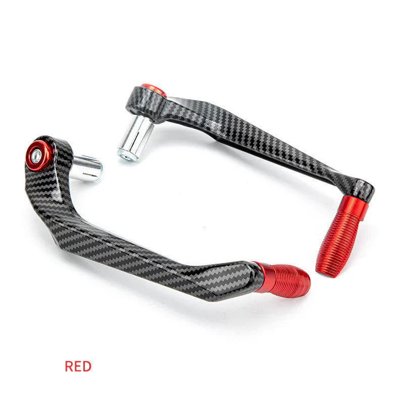 A pair of aluminium motorcycle hand guards with water transfer printing in one of five colour options: black, red, silver, gold, or blue.