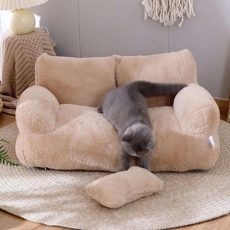 Cozy cat bed sofa with plush backrest, anti-slip base, and included pillow for small to medium pets