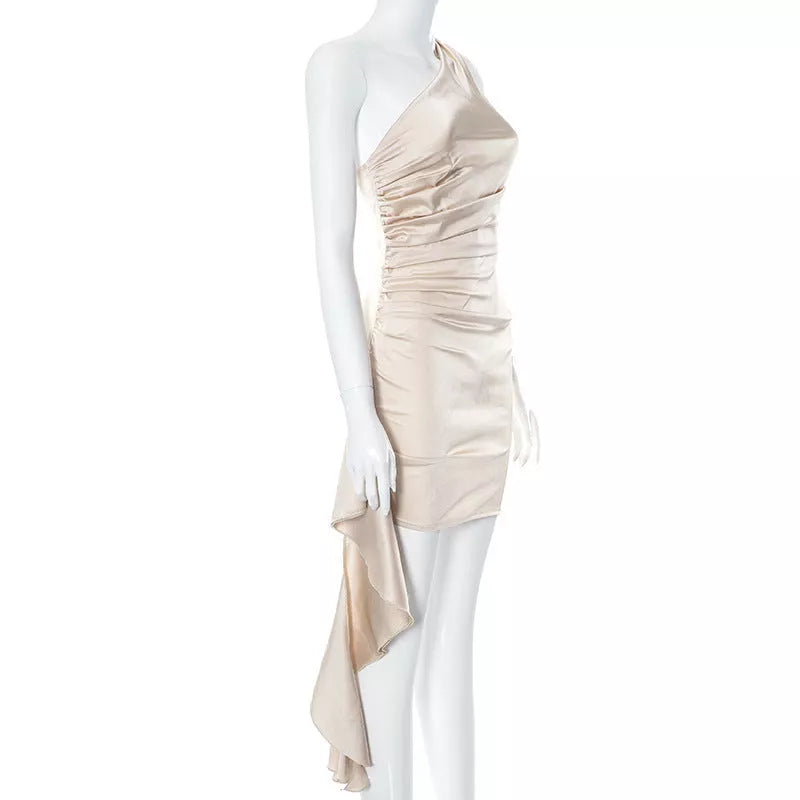 Women's one-shoulder sleeveless mini dress with high-waisted skirt in various colors