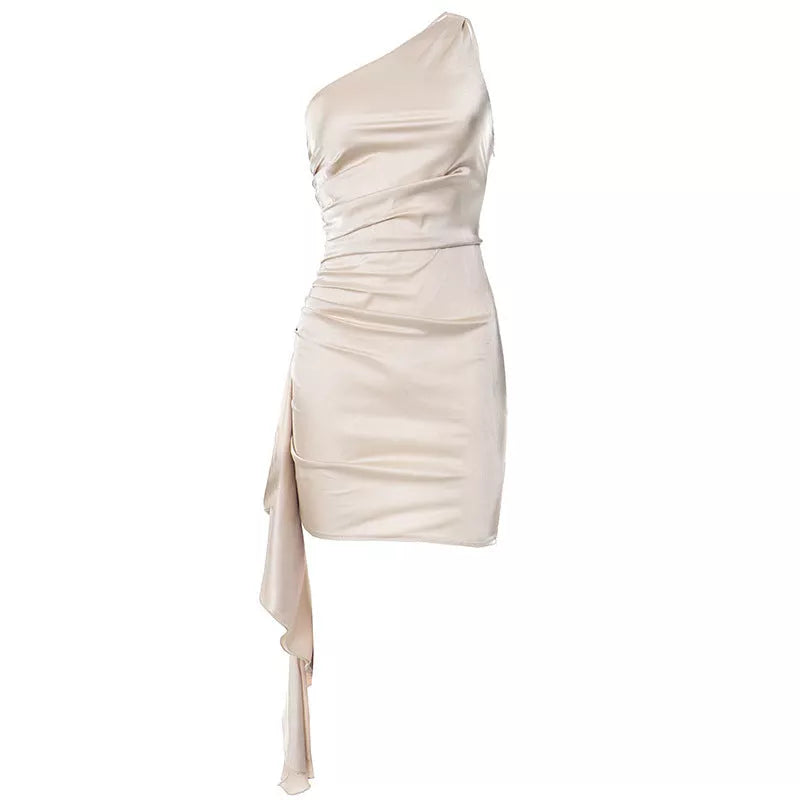 Women's one-shoulder sleeveless mini dress with high-waisted skirt in various colors