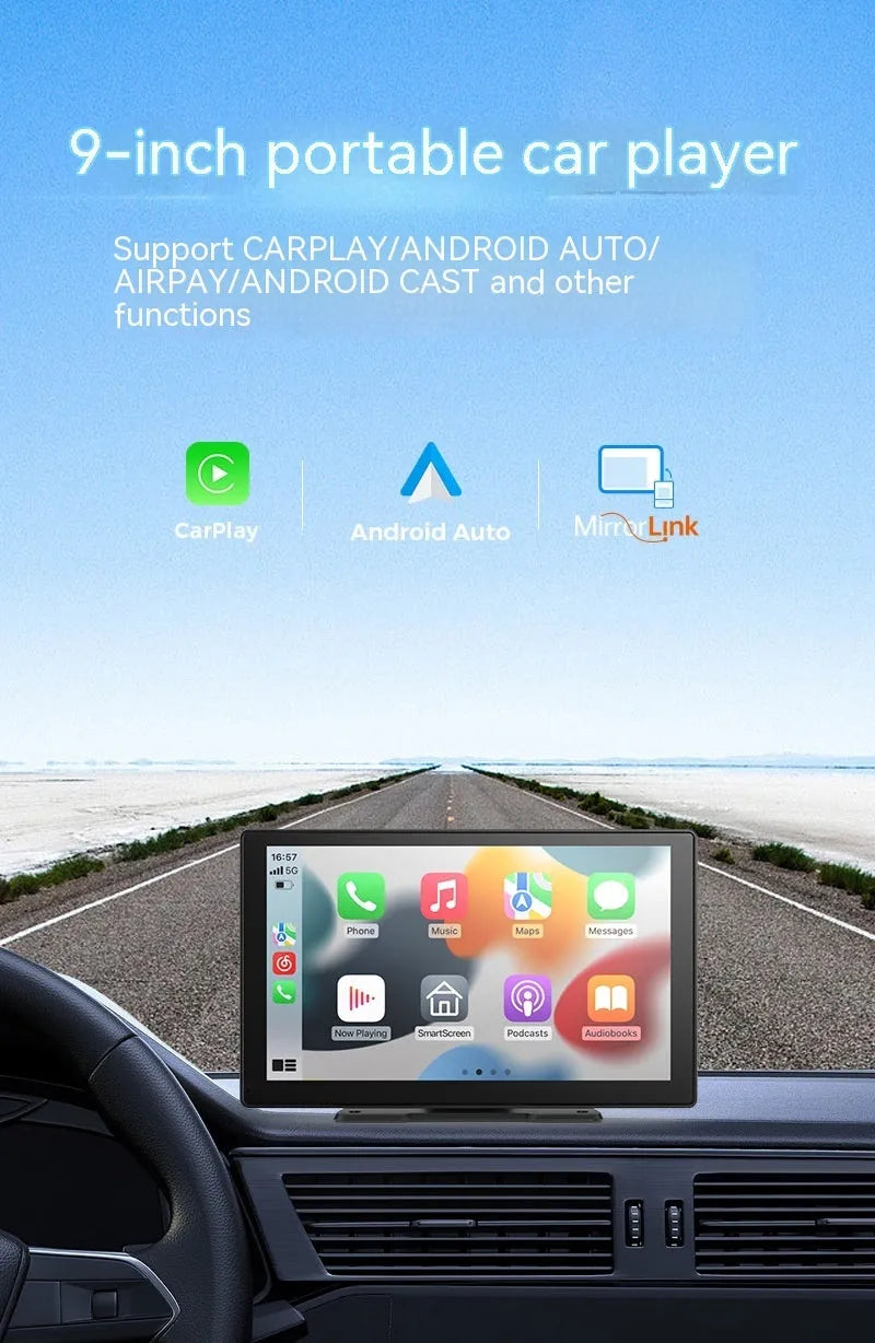 9-inch CarPlay driving recorder with touchscreen display showing dual-lens camera footage