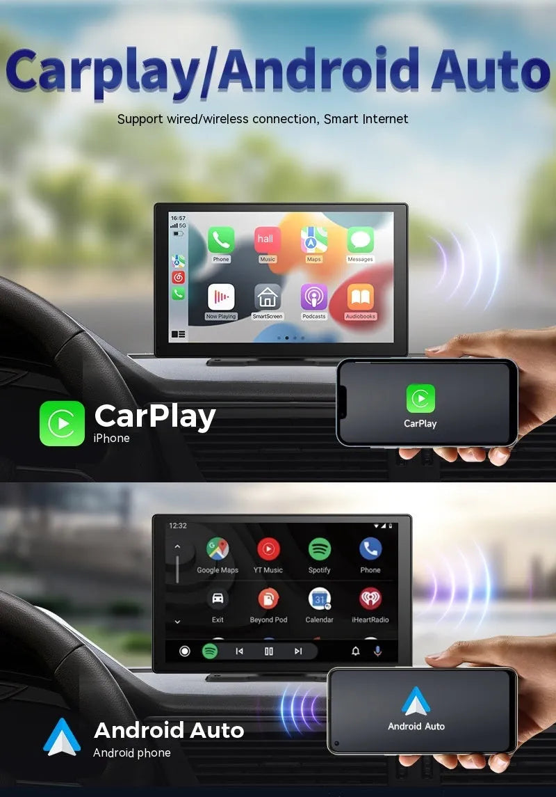 9-inch CarPlay driving recorder with touchscreen display showing dual-lens camera footage