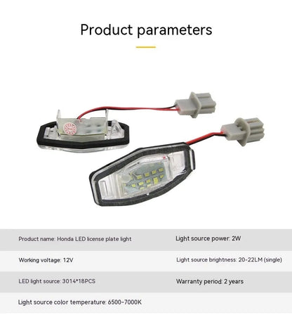 Honda Civic LED licence plate light showing white 6500-7000K illumination with plastic housing
