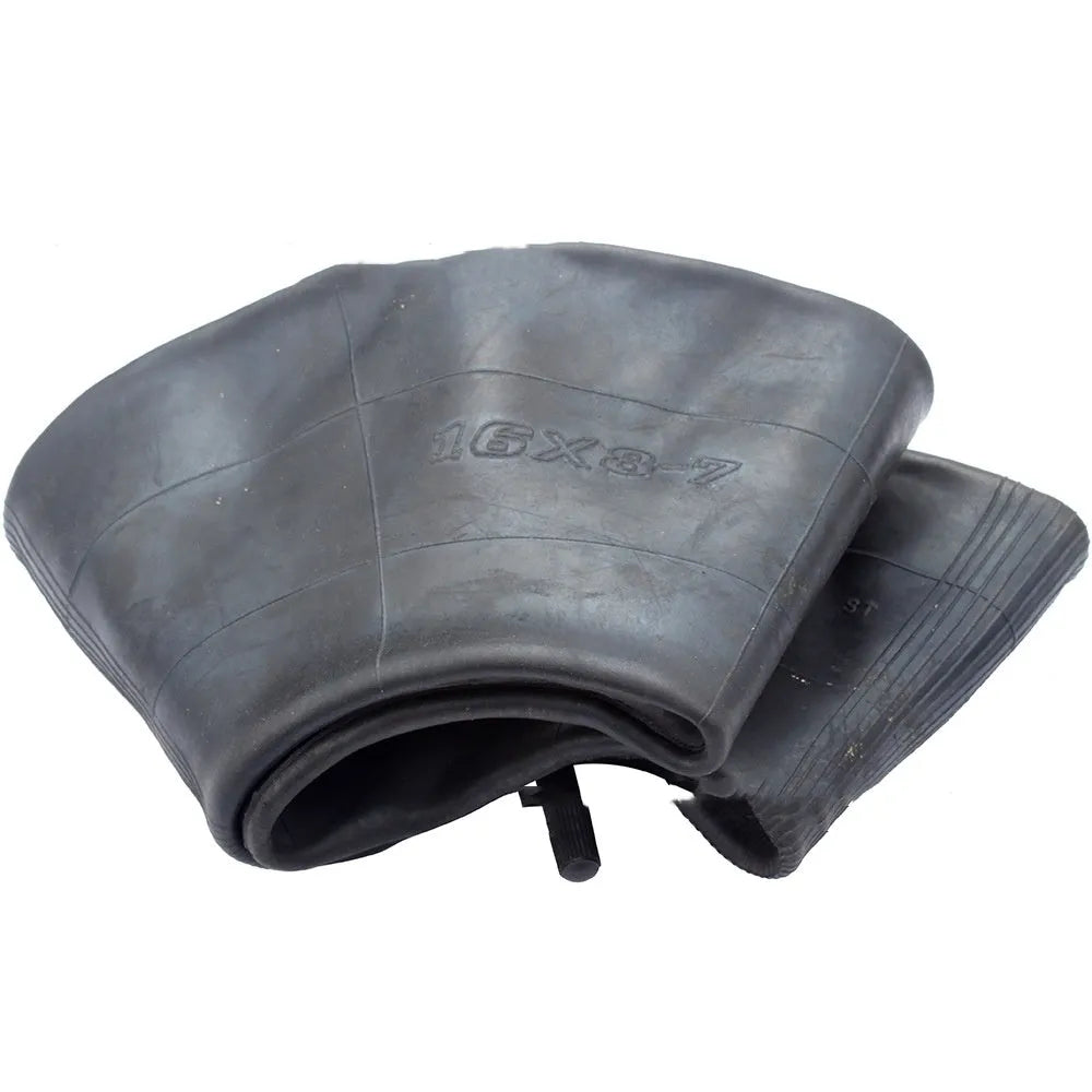 Two 16x8.00-7 inner tubes with TR13 straight valve stems and four black dust caps on a white background.