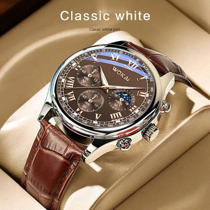 Men's quartz sport watch with 40.5mm round dial, coffee imitation leather strap, and pin buckle