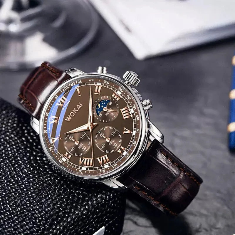 Men's quartz sport watch with 40.5mm round dial, coffee imitation leather strap, and pin buckle