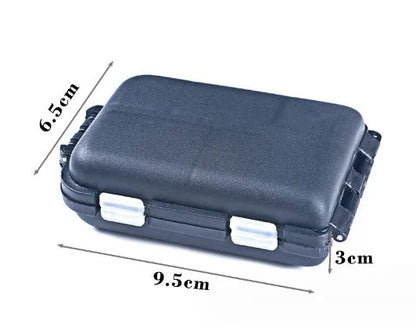 Black fishing tackle storage box with 10 internal compartments measuring 9.5x6.5x3cm